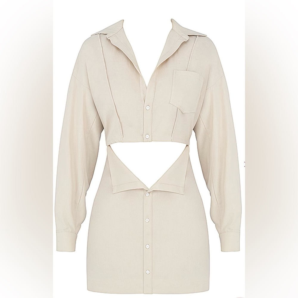 HOUSE OF CB Julietta Beige Linen Cutout Shirt Dress Size Small VGUC - Picture 5 of 8